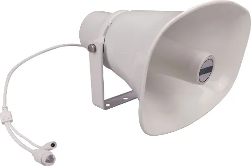 A durable weather resistant horn speaker designed for use in conjunction with the Merlaud IP communicator PA system. It features an in-built amplifier and can be powered by 12-24V DC power supply or PoE as required.  The sturdy mounting bracket is u shaped and secured with stainless steel hardware.