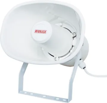 10W 100V EWIS IP66 White Plastic PA Horn Speaker Exclusive design incorporates a dog leg mounting bracket which eliminates the need to separate the horn from the bracket during installation. A real time & money saver! Traditional horn speaker brackets have to be removed, screwed to the wall surface, and then bolted back onto the horn speaker.