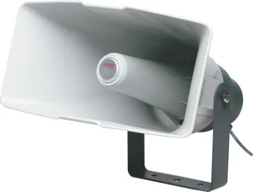 40W 100V IP65 Plastic Horn PA Speaker This high performance PA horn speaker boasts a massive SPL of 128.5 dB at 40 Watts providing high forceful and effective sound penetration making it well suited to very noisy public address installations.