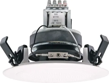 100mm (4") 10W 100V White One-Shot PA Speaker Redback "One-Shot" speaker assemblies install in seconds. They simply snap fit to any 10-13mm thickness ceiling by means of the integral pressure clips. The labour cost savings for the pro sound installer are both obvious and substantial.