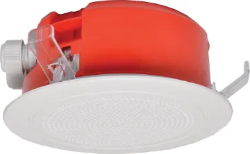 100mm 100V 5W Ceiling EWIS Speaker White Grille Designed to meet AS ISO7240.24:2018. A lower profile version of the C 2170. At only 65mm overall height, these models are ideal for low profile ceiling spaces.  It features flame retardent housing material, sealed cable gland entries and a tuned PA driver to suit the new approval requirements.