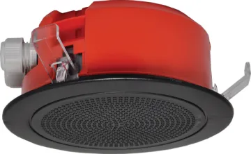 100mm 100V 5W Ceiling EWIS Speaker Black Grille Designed to meet AS ISO7240.24:2018. A lower profile version of the C 2171. At only 65mm overall height, these models are ideal for low profile ceiling spaces.  It features flame retardent housing material, sealed cable gland entries and a tuned PA driver to suit the new approval requirements.
