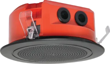 100mm 100V 5W Ceiling EWIS Speaker Black Grille Version of C 2161 with rubber grommets instead of cable glands. Designed to meet AS ISO7240.24:2018. A lower profile version of the C 2170. At only 65mm overall height, these models are ideal for low profile ceiling spaces.