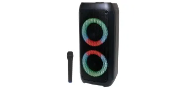 Entertainer Portable Bluetooth Party Speaker & PA This Bluetooth party speaker and wireless mic PA system has been designed for outdoor or indoor entertaining with colour LED lighting for added party atmosphere.