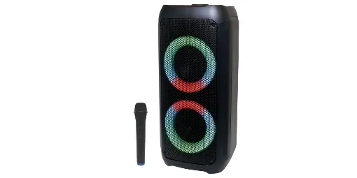 This Bluetooth party speaker and wireless mic PA system has been designed for outdoor or indoor entertaining with colour LED lighting for added party atmosphere. 