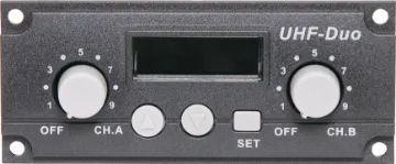 UHF Wireless Dual Microphone Receiver 520-544MHz Module  Installation of this 2 channel module adds dual wireless microphone capability to all Okayo models. Maximum of 2 UHF modules per portable PA. 520-544MHz version.