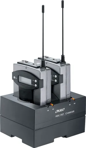 This charging pod will charge 2x C7195C belt pack transmitters so you don't have to keep changing the batteries .