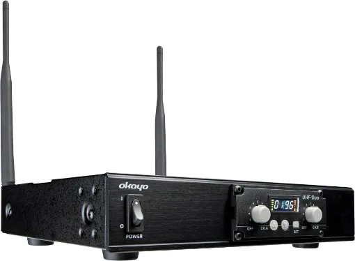 A dual channel receiver designed to integrate with the C 7282A Okayo transmitter system or Okayo UHF equipped portable PA systems. 
