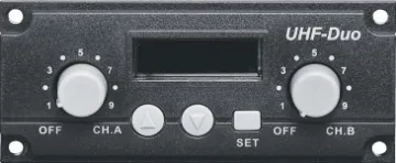 UHF Wireless Dual Microphone Receiver 520-544MHz Module Designed to fit the C 7310-C 7314 and C 7340-C 7344 40Watt range of portable PA systems.  520-544MHz version.  Please check the frequency of your microphones/Okayo PA before making your purchase.
Suitable for use with C 7315 handheld and C 7316 beltp