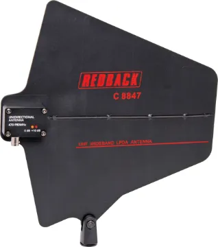 Log Periodic Dipole UHF Array Paddle Antenna Pair A wideband 500 to 950MHz frequency antenna for improving transmission quality and range. It is ideal for
installations using wireless mics, tour guide systems or in ear monitoring over long distances. Suitable for stand
mounting, the antenna may also be suspended from the ceiling or wall mounted using the optional C 8848
bracket. C 8847 includes