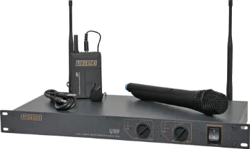 UHF Wireless Microphone System 2 Ch With Handheld & Beltpack For systems requiring the freedom of two independent wireless microphones at an economical price. The sturdy 19" rack mount cabinet is fitted with two fixed frequency wireless receivers. The miniaturised SMD construction and unique shielding technique, pl