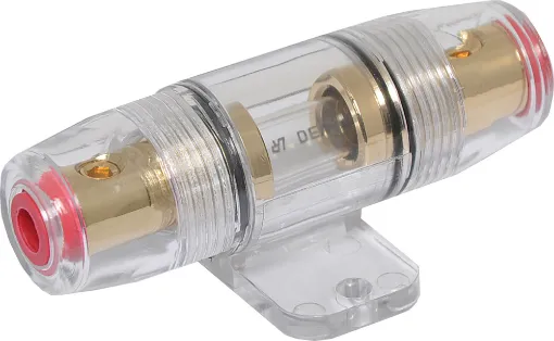 This gold plated fuse holder will accept either 4 or 8 gauge cable. Also includes a mounting base for easy installation. Accepts 5AG fuses suitable for car sound systems.