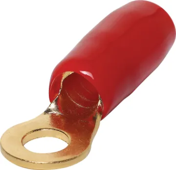 4G 9mm Ring Crimp Connector Red 	 Ring crimp lug with gold plated finish. 9mm inside diametre hole.
Suitable for 4G wire to car chassis ground.