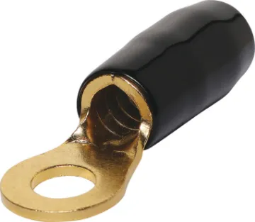 4G 9mm Ring Crimp Connector Black 	 Ring crimp lug with gold plated finish. 9mm inside diametre hole.
Suitable for 4G wire to car chassis ground.
