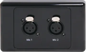 Dual 3 Pin XLR Horizontal Microphone Wallplate Black Dual 3pin XLR microphone connectors mounted horizontally on a dual face wall plate. "One-Shot" version with screw terminal connections for quick and easy connection on site.