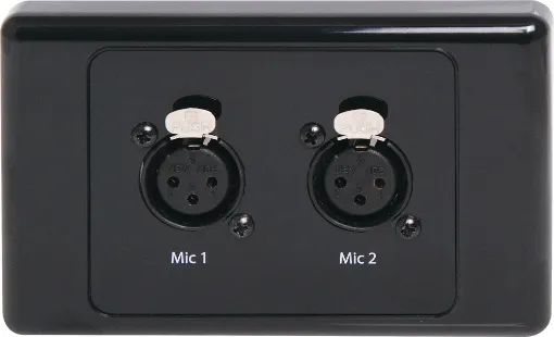 Dual 3pin XLR microphone connectors mounted horizontally on a dual face wall plate. &quotOne-Shot&quot version with screw terminal connections for quick and easy connection on site.