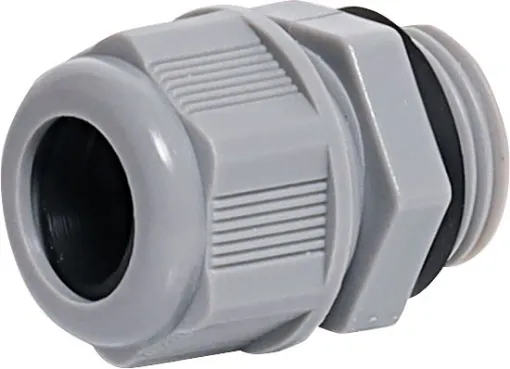 A grey cable gland made from fire retardant plastic for 12-14mm cable