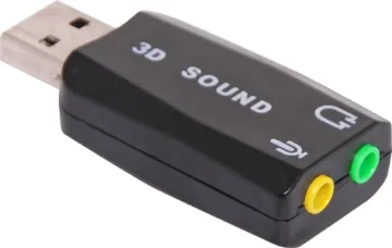 USB Sound Card Adapter Dongle A compact plug and play sound card dongle with microphone input and speaker output.  Integrated 2 channel audio controller with 3D positional sound functions and virtual 5.1 processing.  Built in digital amplifier for driving speakers directly.