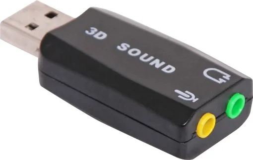 A compact plug and play sound card dongle with microphone input and speaker output.  Integrated 2 channel audio controller with 3D&#8200positional sound functions and virtual 5.1 processing.  Built in digital amplifier for driving speakers directly.