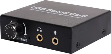 USB Sound Card with Level Control A compact USB sound card with mic and headphone connections. Level controls for volume and bass adjustment are provided.