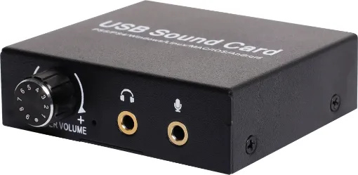 A compact USB sound card with mic and headphone connections. Level controls for volume and bass adjustment are provided. 