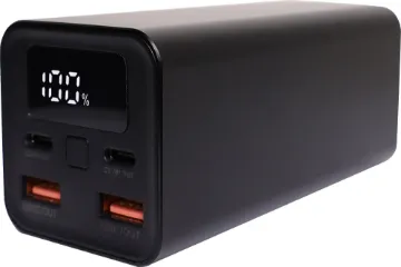 65W USB C PD Battery Bank 20000mAh This 20,000mAh battery bank offers high output Power Delivery (PD) allowing users the ablity to charge a range of devices. It features an aluminium casing with power capacity LCD readout. Dual USB type A outputs as well as dual USB C PD outputs.