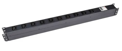10 Outlet Vertical Power Rail (10A IEC C13) with 6KA C-Curve Circuit Breaker. Integrated 2m power cord (10A IEC C14) 0RU. Colour Black.