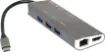 A compact hub providing connection for an external monitor via HDMI up to 4K @ 30Hz. Connects to USB type C devices and provides connection for external peripherals via 3 x USB 3.0 ports, SD card slot, Micro SD card slot, gigabit wired ethernet port and external monitor connection via HDMI.