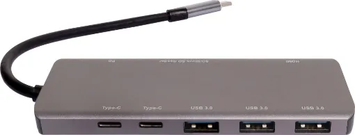 A compact hub providing connection for an external monitor via HDMI up to 4K @ 30Hz. Connects to USB type C devices and provides connection for external peripherals via 3 x USB 3.0 ports, 2 x Type-C ports, SD card slot, Micro SD card slot and external monitor connection via HDMI. 