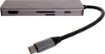 A compact hub providing connection for an external monitor via HDMI up to 4K @ 30Hz. Connects to USB type C devices and provides connection for external peripherals via 3 x USB 3.0 ports, 2 x Type-C ports, SD card slot, Micro SD card slot and external monitor connection via HDMI. 