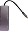 A compact hub providing connection for an external monitor via HDMI up to 4K @ 30Hz. Connects to USB type C devices and provides connection for external peripherals via 3 x USB 3.0 ports, 2 x Type-C ports, SD card slot, Micro SD card slot and external monitor connection via HDMI. 