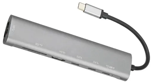 This multi hub provides connection for an external monitor via HDMI up to 4K @ 30Hz and additional peripherals in a compact design. 100W PD passthrough.