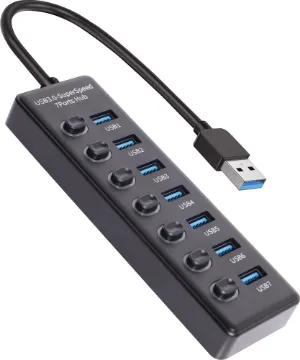 7 Port Powered USB Hub With Switching A handy 7 port USB 3.0 hub for those with lots of peripherals! Each connection has a dedicated on/off switch. USB type C power input with type A connection to your computer.