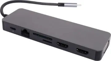 USB 3.1 Type C 13 in 1 Laptop Docking Station Hub This handy hub features USB C connection to your laptop and provides 4 x USB 3.0 type A ports, USB C port, 2 x HDMI ports, SD/microSD card slot, 3.5mm headphone out, wired gigabit ethernet interface and VGA connection.
