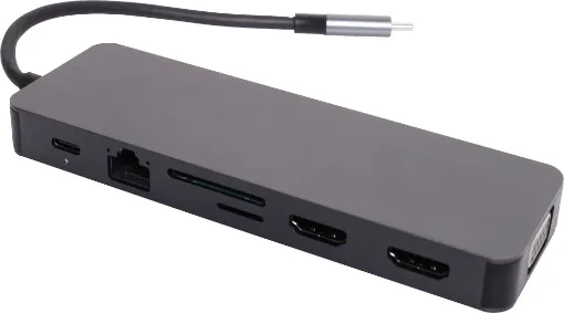 This handy hub features USB C connection to your laptop and provides 4 x USB 3.0 type A ports, USB C port, 2 x HDMI ports, SD/microSD card slot, 3.5mm headphone out, wired gigabit ethernet interface and VGA connection.