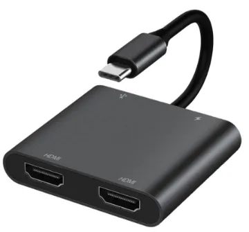 USB Type C to Dual HDMI 4K Adapter This handy hub features USB C connection to your laptop and provides 2 x HDMI 4K ports, 1 x USB C port and 1 x USB A port. Provides PD pass through charging up to 100W.