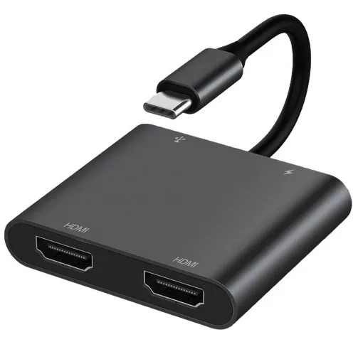 This handy hub features USB C connection to your laptop and provides 2 x HDMI 4K ports, 1 x USB C port and 1 x USB A port. Provides PD pass through charging up to 100W. 