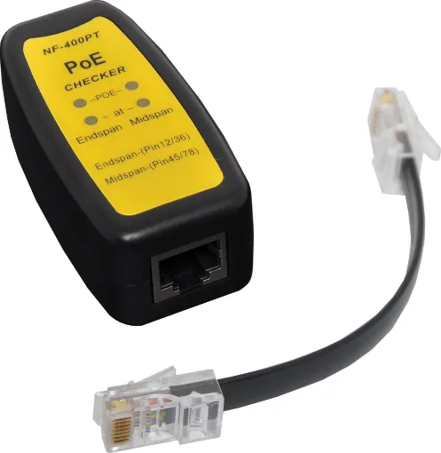 This tester allows the user to test live ethernet cables and determine if power and data are present. It also identifies the type of power sourcing equipment in your network. This unit is an easy to use PoE adapter for professionals, businesses and home users to determine the existence of PoE. 