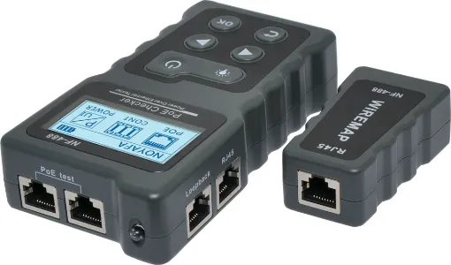 Allows you to test the conditions of 802.3af/at standard and non-standard PoE cabling and ports on PoE equipment. Tests for power supply voltage, polarity and crossover mode, plus displays power consumption of connected DC devices such as cameras or other PoE enabled IoT products. 
