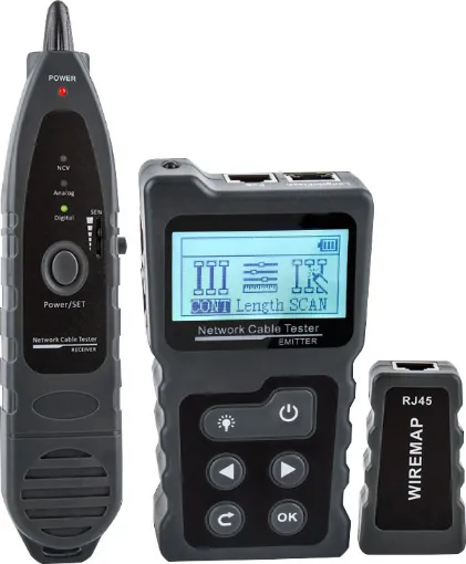 A complete PoE cabling tester with cable tracer receiver, cable length testing,
