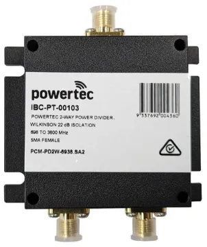 Powertec RF SMA Power Divider 2 Way 698-3800MHz Powertec RF Power Divider: 2-Way, 698-3800MHz, SMA Female  with 22dB isolation. High frequency coverage, indoor application suitability, and superior isolation for optimal performance.