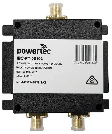 Powertec RF Power Divider: 2-Way, 698-3800MHz, SMA Female  with 22dB isolation. High frequency coverage, indoor application suitability, and superior isolation for optimal performance.