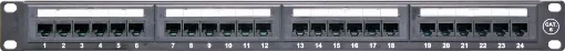 This 1RU panel is fitted with 24 RJ45 Keystone jack ports and features numbered outlets for easy identification. Black finish.  Includes rear cable support bar.