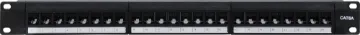24 Port 1RU Enhanced Cat6A Patch Panel This 1RU panel is fitted with 24 RJ45 "back to back" coupler ports for tool free cable termination. Port numbers fields can be written on and fitted securely behind a clear lexan. Black finish. Includes rear cable support bar with earthing strap.