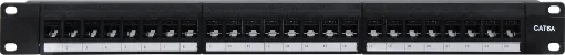 This 1RU panel is fitted with 24 RJ45 "back to back" coupler ports for tool free cable termination. Port numbers fields can be written on and fitted securely behind a clear lexan. Black finish. Includes rear cable support bar with earthing strap.