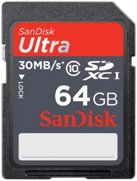 Ultra SDXC Card 64GB Secure Digital memory cards as used in many digital cameras, PDAs, GPSs and handheld scanners.