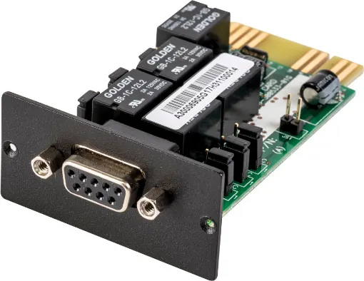 The relay card (PSAS400) provides volt free contact (VFS) relays that change state upon UPS events. This type of card is often used when current loop communications are required for devices such as building management systems (BMS), access control alarm panels or industrial PLCs. User selectable normally open (default) or normally closed contacts.
