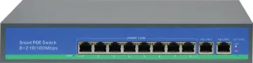 8 Port + 2 Link Ports PoE 10/100 Switch For IP Camera Systems Designed to deliver both power and ethernet connection to IEEE 802.3af compliant Powered Devices (PDs) such as IP cameras. Includes 8 PoE output ports, plus 2 link ports for connection back to the network video recorder.