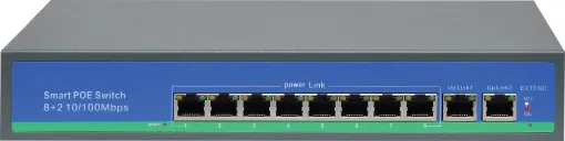 Designed to deliver both power and ethernet connection to IEEE 802.3af compliant Powered Devices (PDs) such as IP cameras. Includes 8 PoE output ports, plus 2 link ports for connection back to the network video recorder.