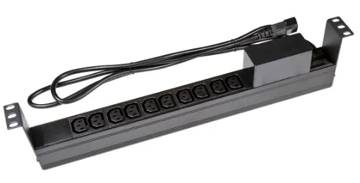 10 Outlet Horizontal Power Rail (10A IEC C13) with 6KA C-Curve Circuit Breaker. Integrated 2m power cord (10A IEC C14) 1RU.